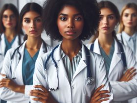 Grupo de mulheres médicas, de várias raças, com expressões sérias