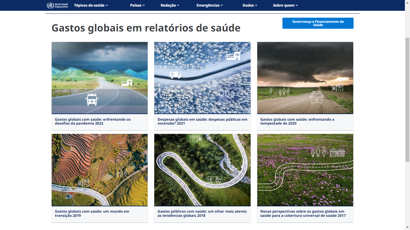 Print da tela de onde fica o Relatório de Gastos Globais com a Saúde, feito pela OMS