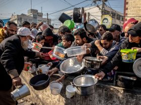 Pessoas deslocadas das suas casas à espera de comida no campo Al-Shaboura, no centro de Rafa, Gaza, de 17 a 18 de dezembro de 2023. Foto: OMS