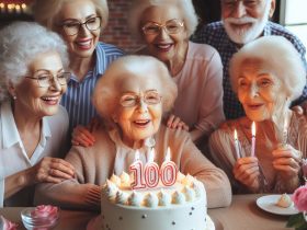 Uma mulher idosa comemorando 100 anos de vida Imagem criada por inteligência artificial