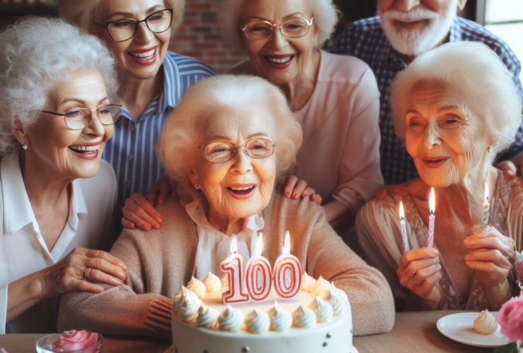 Uma mulher idosa comemorando 100 anos de vida Imagem criada por inteligência artificial
