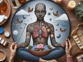 Pessoa ao centro cuidando da saúde mental com espiritualidade, meditação e autocuidado Imagem criada por inteligência artificial