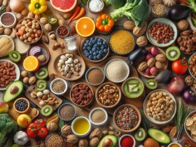 Uma variedade de alimentos para diferentes dietas Imagem criada por inteligência artificial