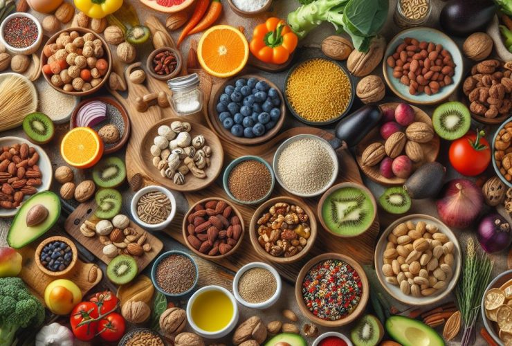 Uma variedade de alimentos para diferentes dietas Imagem criada por inteligência artificial