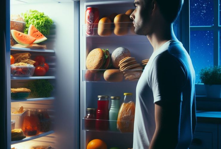 Homem olhando a geladeira a noite procurando o que comer Imagem criada por inteligência artificial