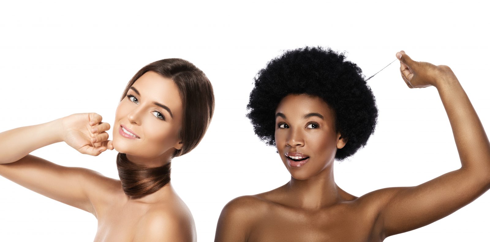 Garotas caucasianas e africanas. Comparação de diferentes tipos de cabelo e tons de pele. Por BLACKDAY