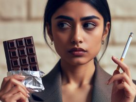 Mulher fica entre uma barra de chocolate amargo e um cigarro Imagem criada por inteligência artificial
