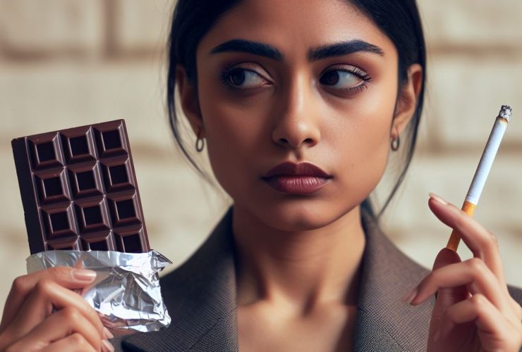 Mulher fica entre uma barra de chocolate amargo e um cigarro Imagem criada por inteligência artificial