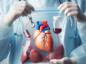 Médico-cirurgião segurando um saco com vários órgãos para serem transplantados Imagem criada por inteligência artificial