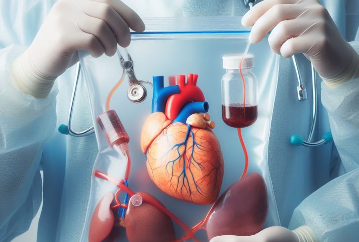 Médico-cirurgião segurando um saco com vários órgãos para serem transplantados Imagem criada por inteligência artificial
