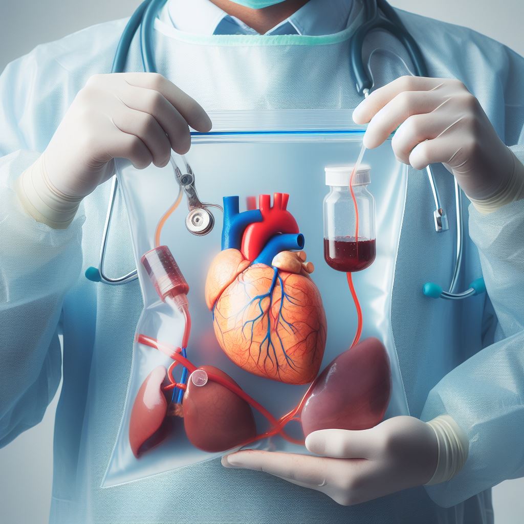 Médico-cirurgião segurando um saco com vários órgãos para serem transplantados Imagem criada por inteligência artificial