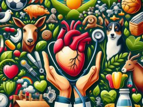 Imagem com mãos médicas, coração, estetoscópio, vegetação e animais, simbolizando a Saúde Única Imagem criada por inteligência artificial