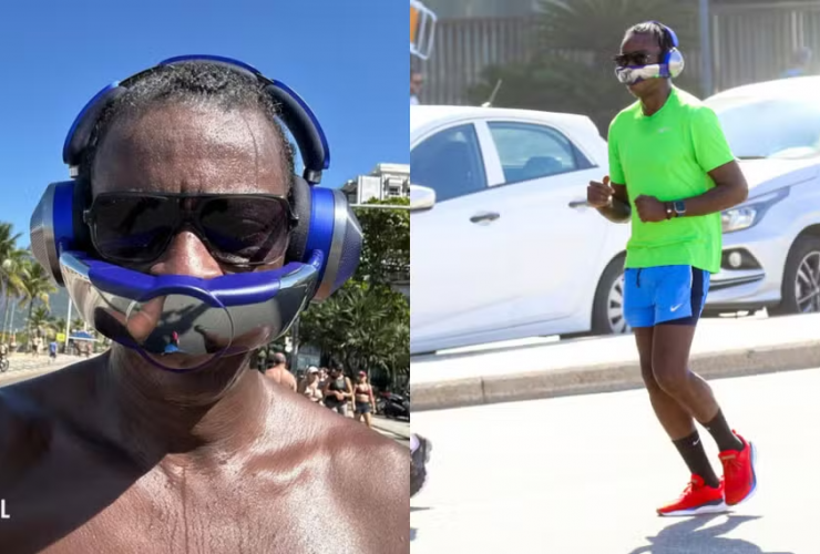 Cantor Seu Jorge correndo na orla do Rio de Janeiro com fone com filtro de ar