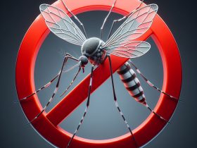 Mosquito Aedes aegypti com o símbolo proibido Imagem criada por inteligência artificial