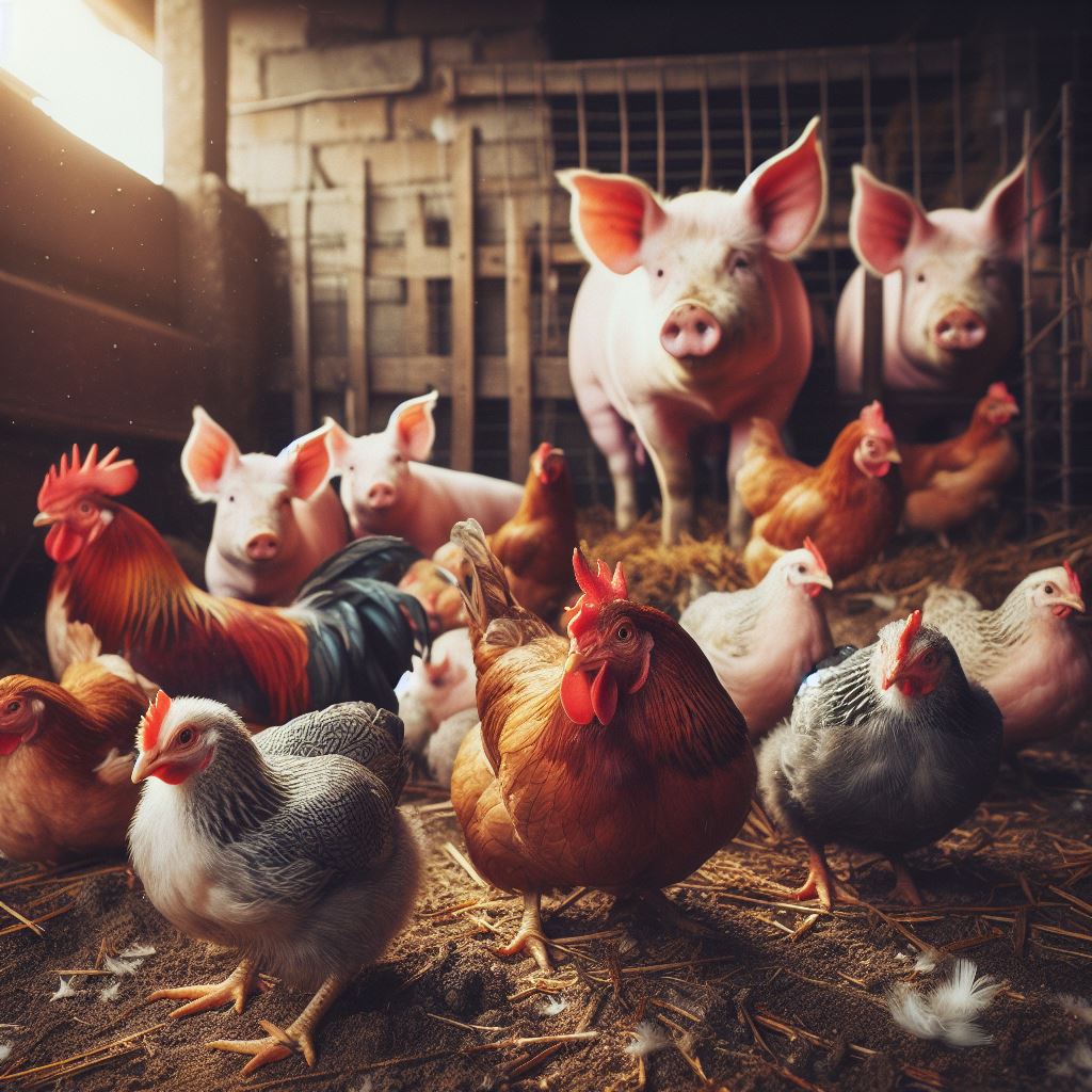 Porcos e galinhas, principais transmissores das duas gripes Imagem criada por inteligência artificial