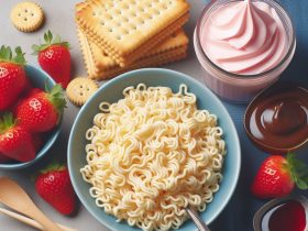 Imagem de macarrão instantâneo, biscoito maisena, sobremesa petit-suisse sabor morango Imagem criada por inteligência artificial