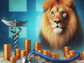 O leão do imposto de renda, o símbolo da saúde e dinheiro Imagem criada por inteligência artificial