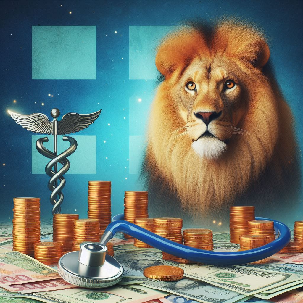 O leão do imposto de renda, o símbolo da saúde e dinheiro Imagem criada por inteligência artificial