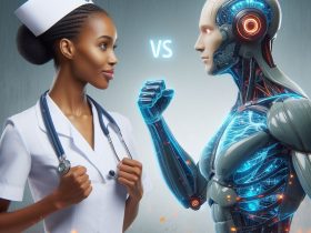 Enfermeira enfrenta inteligência artificial Imagem criada por inteligência artificial