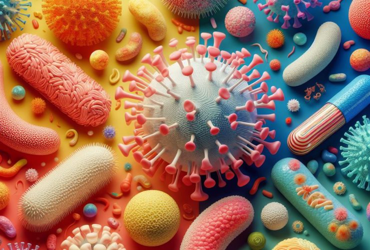 Exemplos de bactérias e vírus Imagem criada por inteligência artificial
