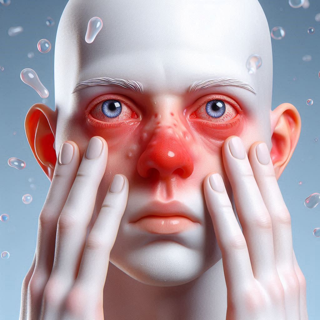 Pessoa mostrando sinais de alergias Imagem criada por inteligência artificial