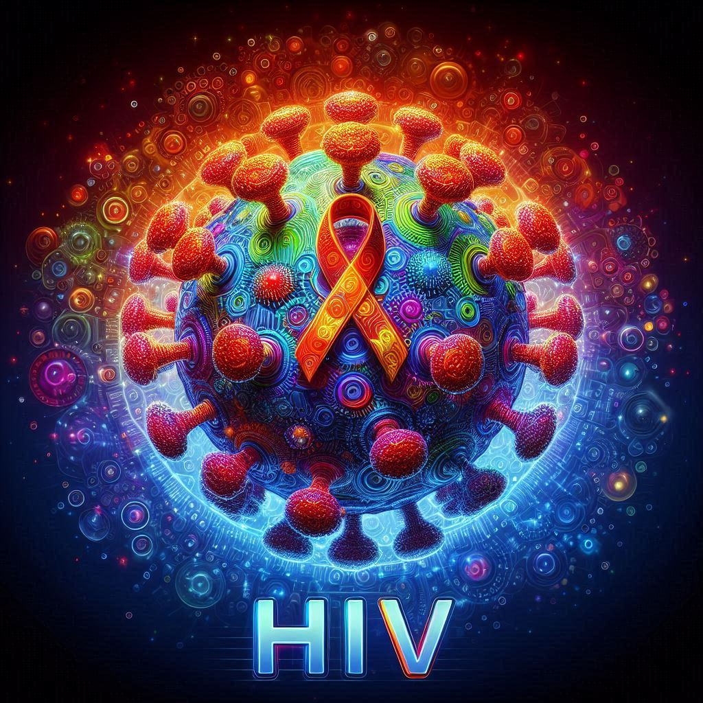 Vírus HIV e a fita que simboliza o combate Imagem criada por inteligência artificial