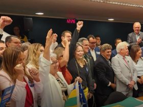 Comemoração após piso salarial dos farmacêuticos ser aprovado na Comissão de Trabalho Foto: comunicação do Conselho Federal de Farmácia