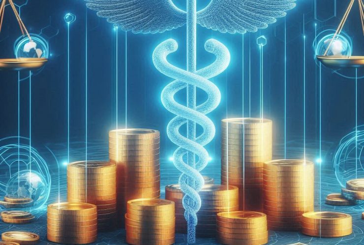 O caduceu hermético simbolizando a saúde e dinheiro simbolizando a reforma tributária Imagem criada por inteligência artificial