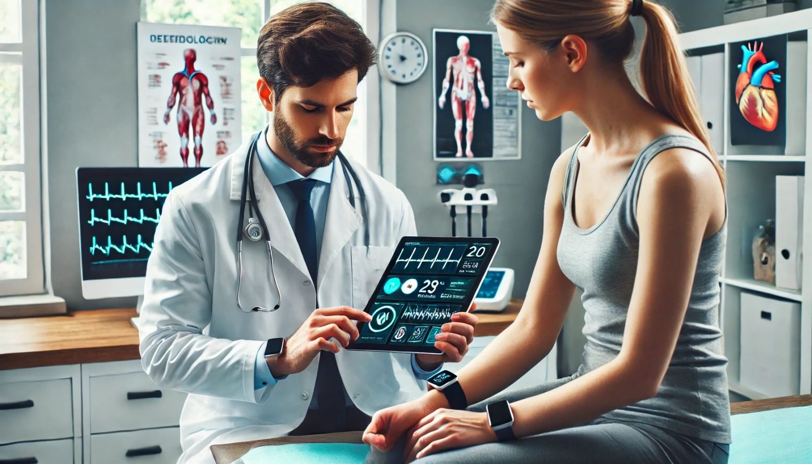 Cardiologista monitorando o batimento cardíaco da paciente com wearable Imagem criada por inteligência artificial