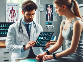 Cardiologista monitorando o batimento cardíaco da paciente com wearable Imagem criada por inteligência artificial