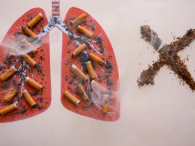 Tabaco e pontas de cigarro. Mensagem para parar de fumar. Dia mundial sem tabaco. Espaço de cópia Por lucigerma