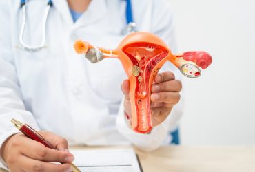 Uma médica sentada em uma mesa no hospital explica sobre condições uterinas, como endometriose Por nansanh