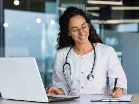 Treinamento on-line. Jovem estudante latino-americana de medicina estuda on-line em casa a partir de um laptop Por voronaman111