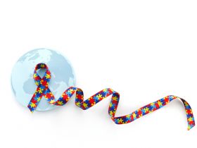 Dia ou mês mundial de conscientização e orgulho do autismo com fita padrão de quebra-cabeça em fundo branco Por vetre