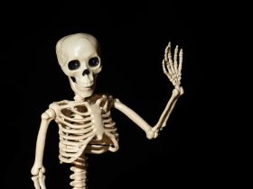 Esqueleto humano acenando com a mão de saudação isolado em fundo preto. Dia dos Mortos Por AlenaIvochkina