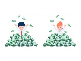 Empresário feliz em pé em uma pilha de dinheiro Por ojogabonitoo