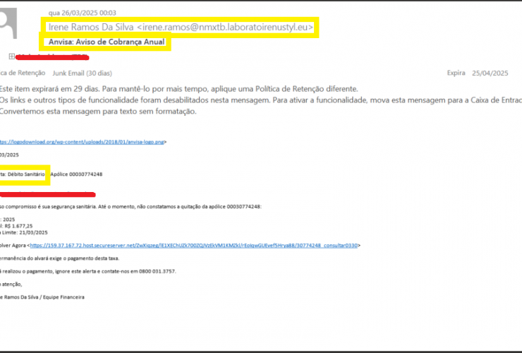 Print de e-mail com exemplo do golpe divulgado pela Anvisa