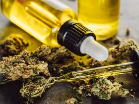 visão aproximada de botões de maconha medicinal, frasco e conta-gotas com óleo de cânhamo na superfície da pedra Por LightFieldStudios